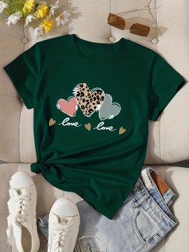 Heart & Letter Print Crew Neck T-Shirt, Casual Short Sleeve T-Shirt For Spring & Summer, Women's Clothing