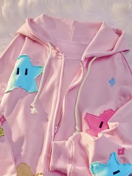 Star Pattern Zip Up Drawstring Hoodie, Cute Long Sleeve Drop Shoulder Hoodie, Women's Clothing