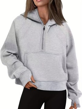 Solid Half Zip Kangaroo Pockets Hoodie, Casual Long Sleeve Hoodie For Spring & Fall, Women's Clothing