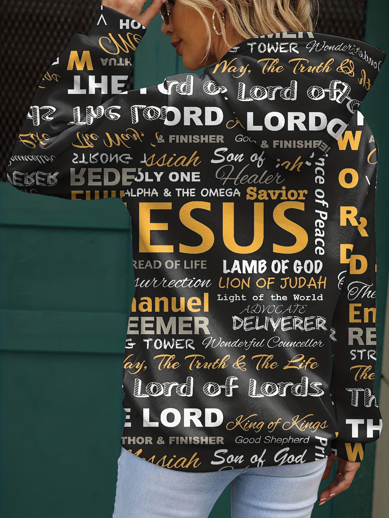 jesus letter print hoodies casual kangaroo pocket long sleeve sweatshirt womens clothing details 1